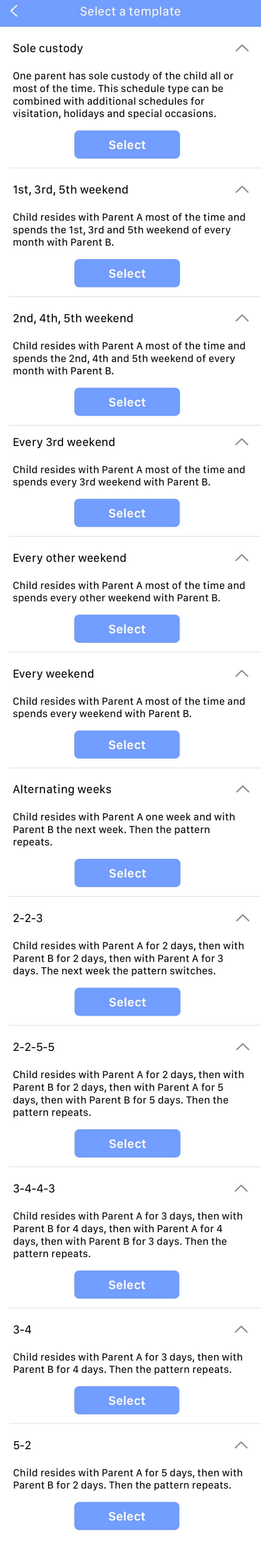 WeParent custody schedule templates descriptions